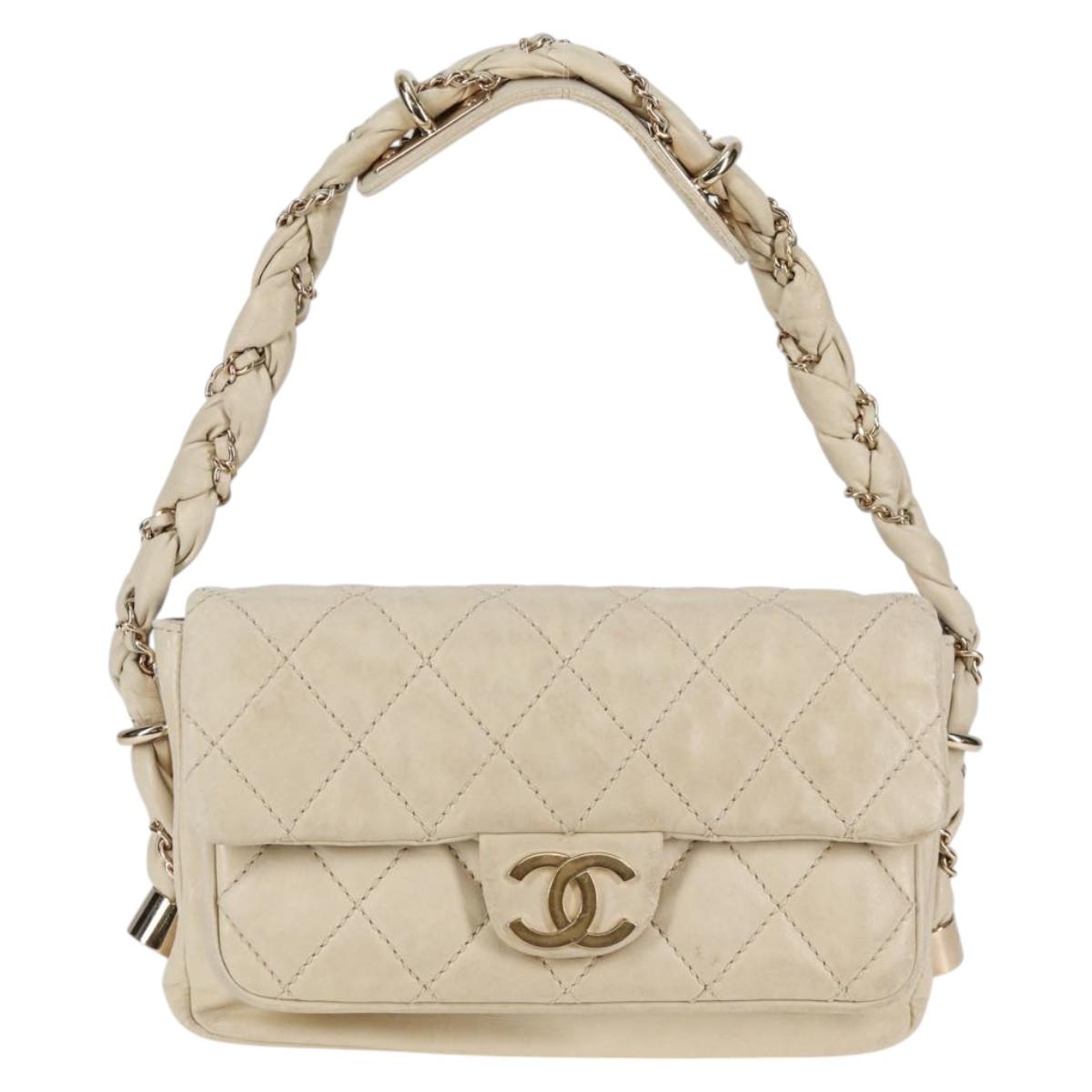 CHANEL Wild Stitch Shoulder Bag Lamb Skin Cream Gold CC Auth