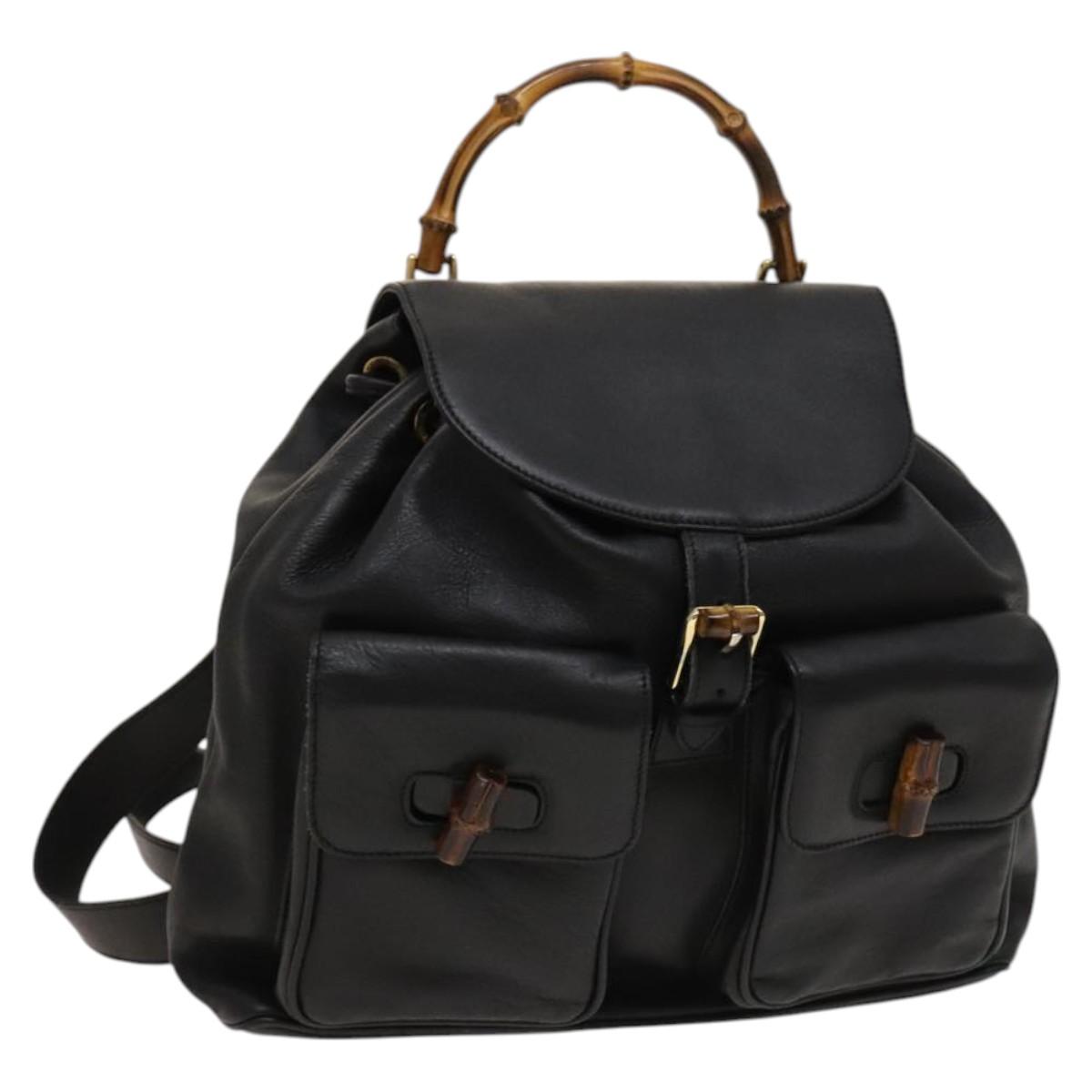 GUCCI Bamboo Backpack Leather Black Gold 003 2058 0016 Auth 