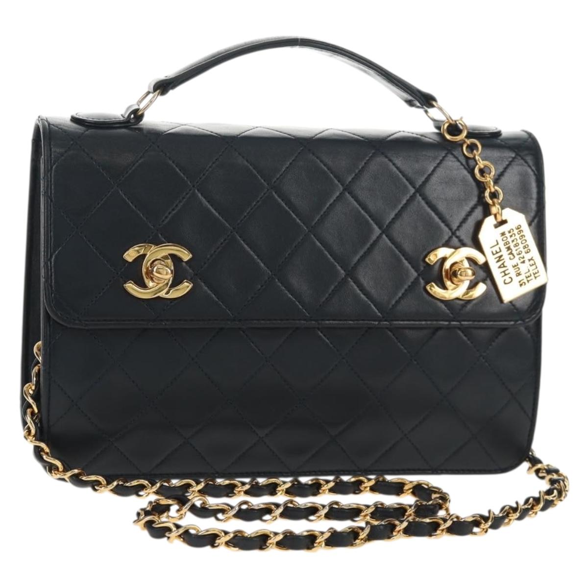 CHANEL Matelasse Double Turn Lock Chain Bag Lamb Skin 2way Navy CC
