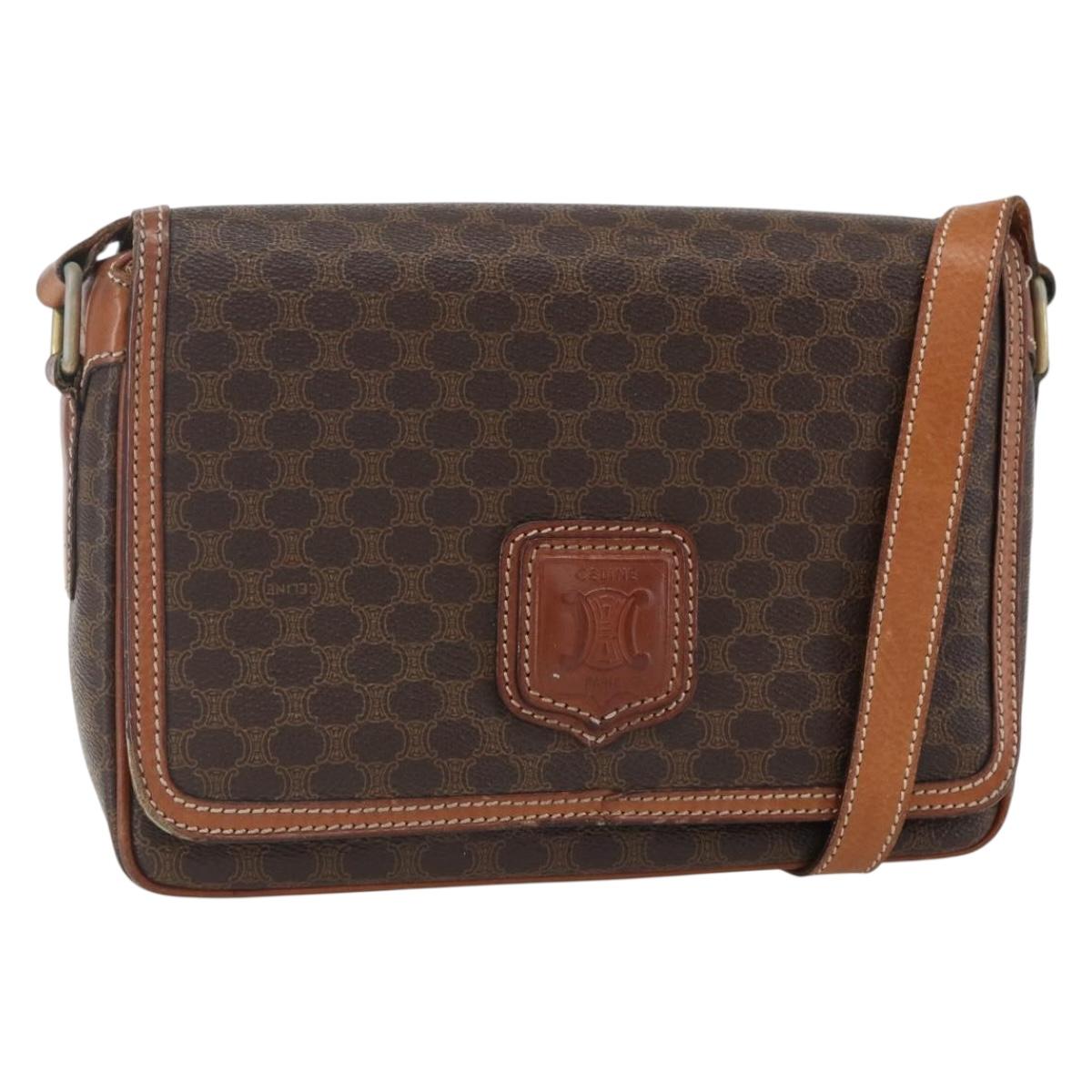 CELINE Macadam Canvas Shoulder Bag PVC Leather Brown Gold Auth 