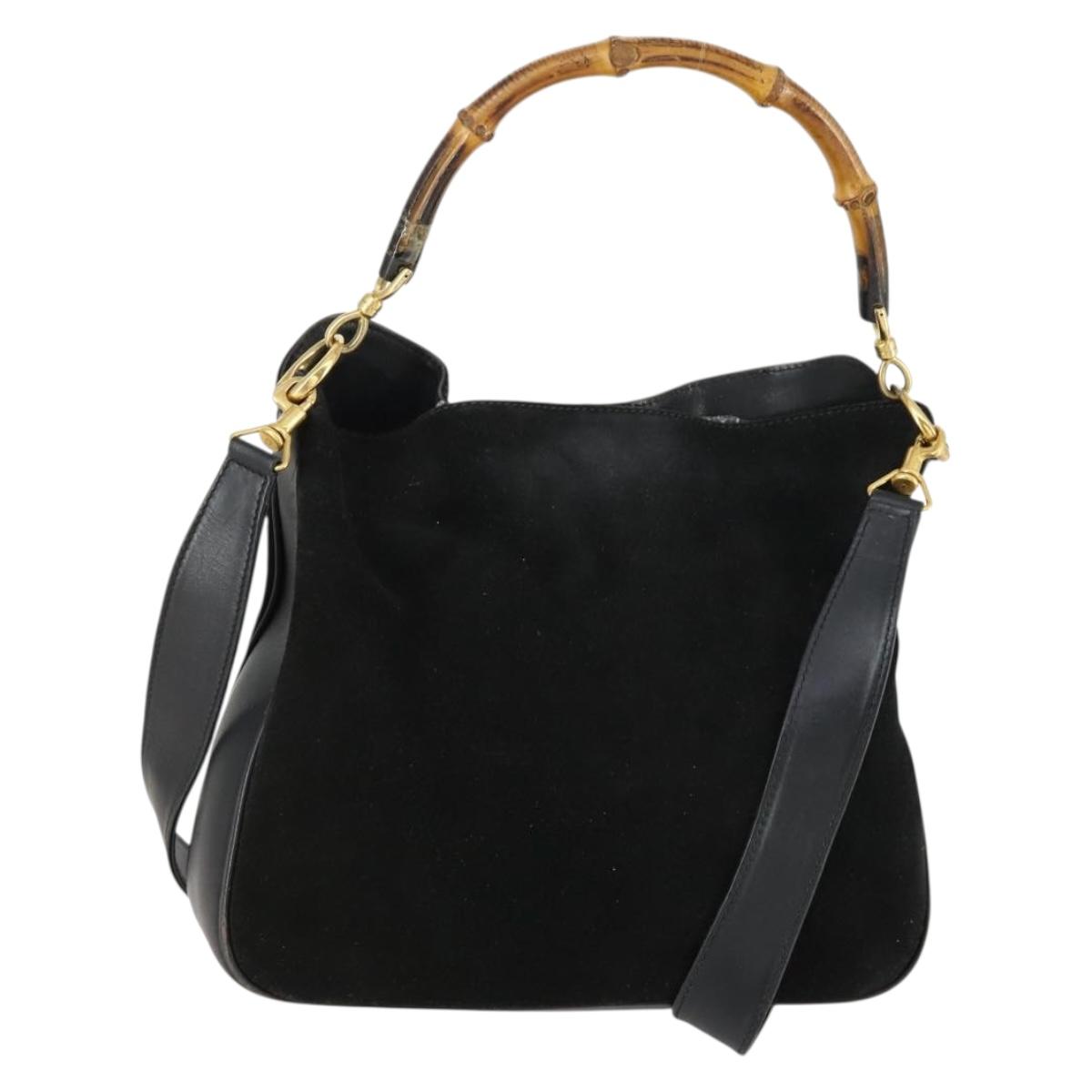 GUCCI Bamboo Shoulder Bag Suede 2way Black Gold Auth 157009