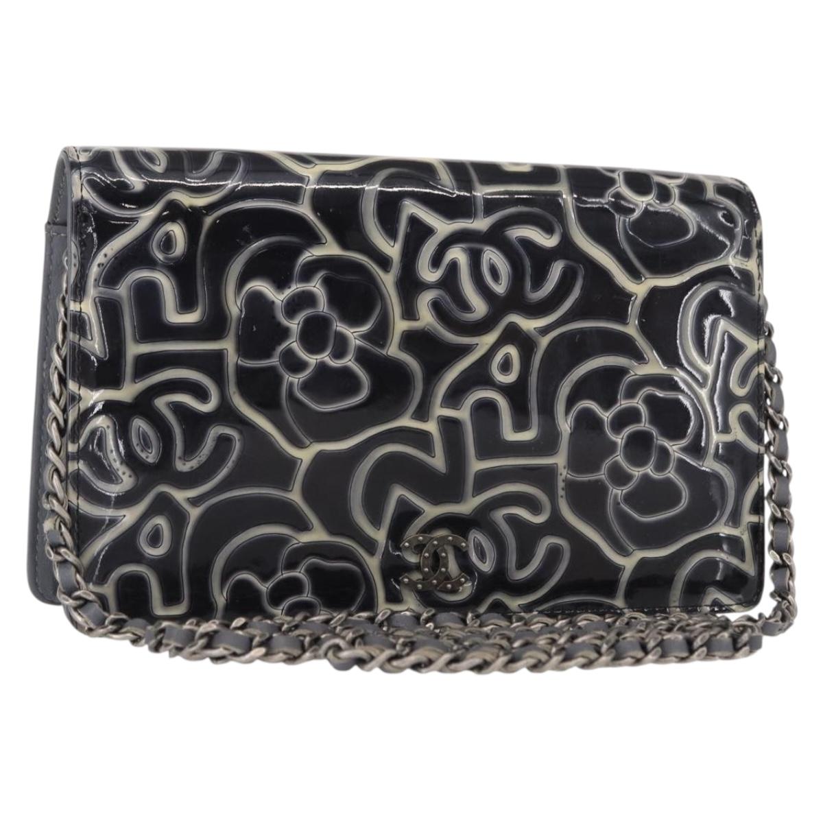 CHANEL Camellia COCO Mark Chain Wallet Patent leather Gray Silver 