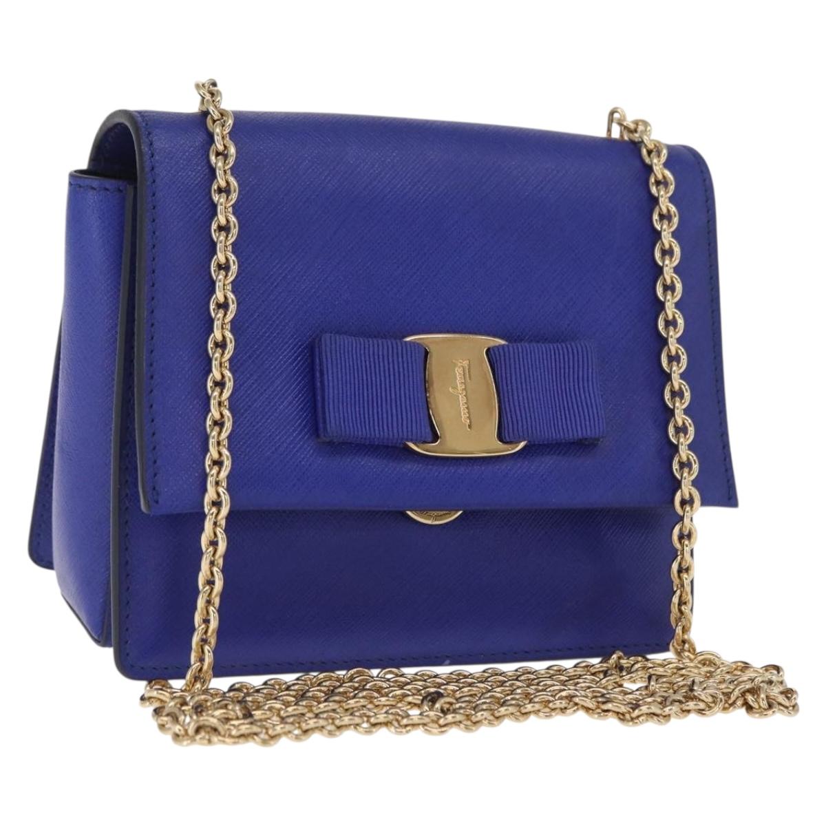 Salvatore Ferragamo Vala Chain Shoulder Bag Leather Blue Gold Auth