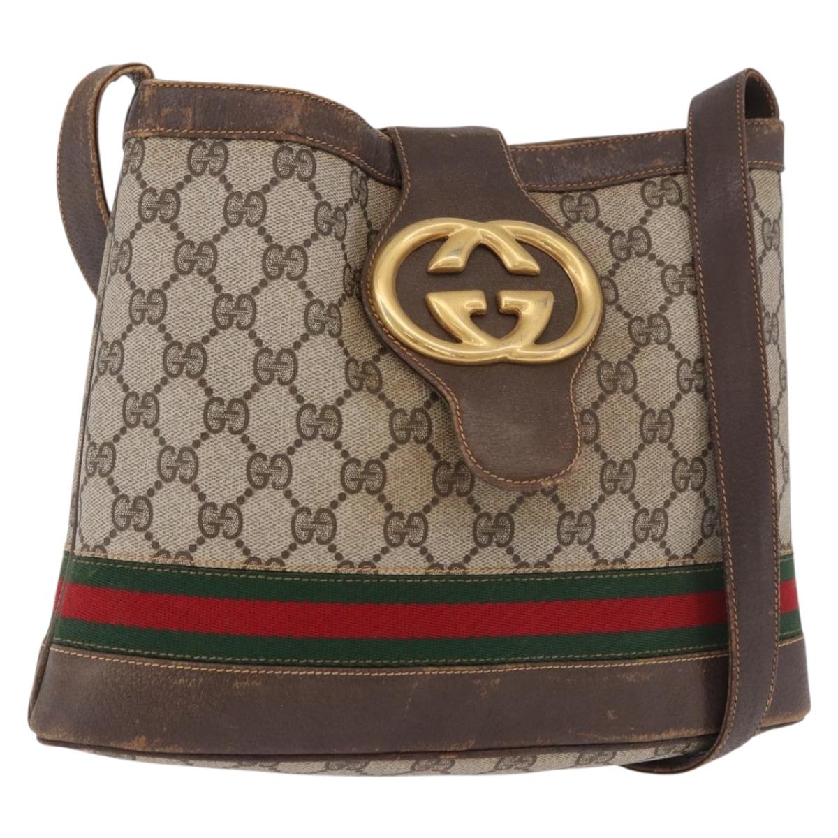 GUCCI GG Supreme Web Sherry Line Shoulder Bag PVC Beige Gold Auth 