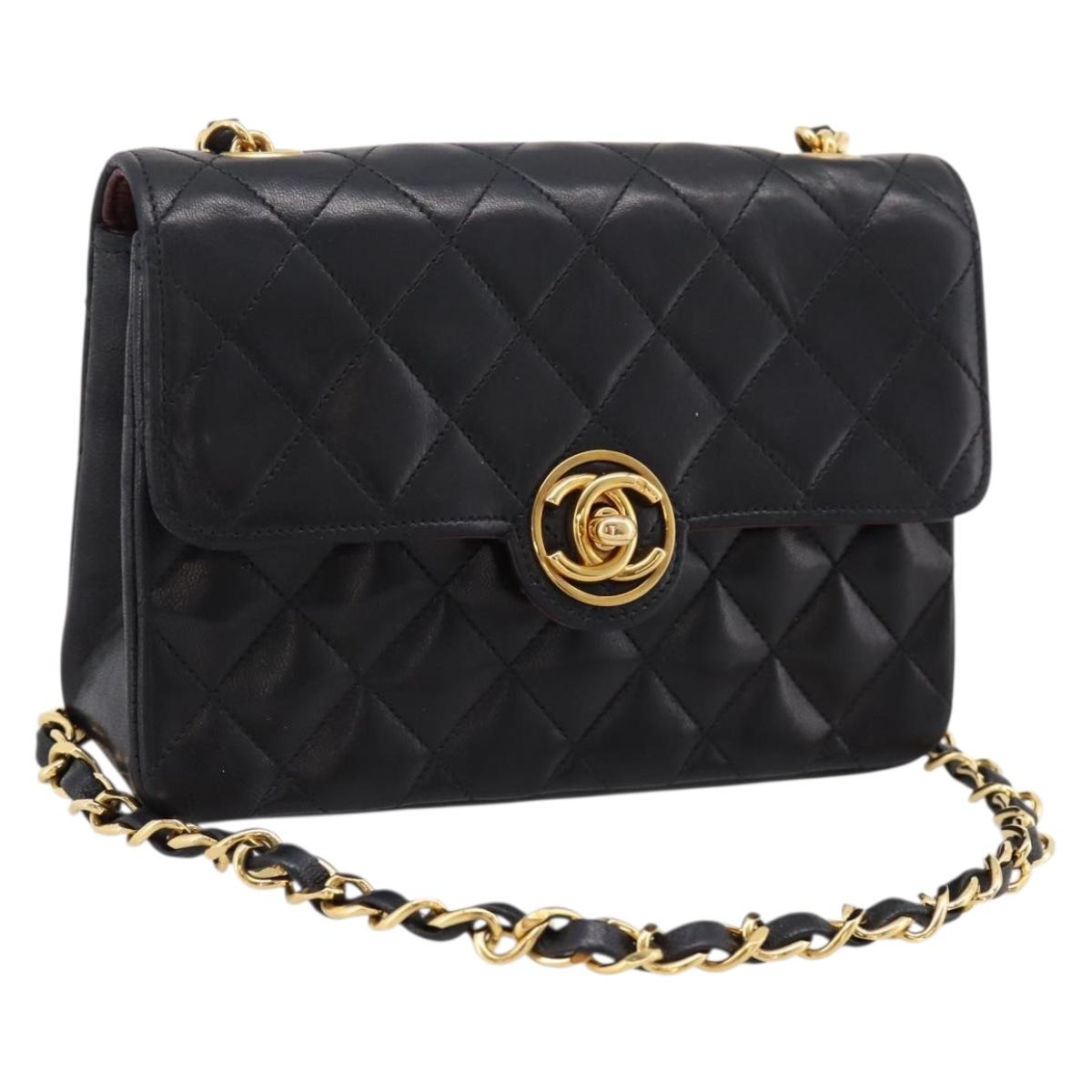 CHANEL Mini Matelasse 17 Chain Bag Lamb Skin Black Gold CC Auth