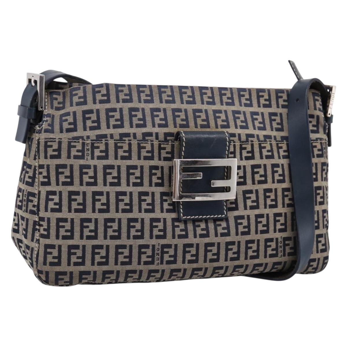 FENDI Zucchino Canvas Mamma Baguette Shoulder Bag Navy Silver Auth