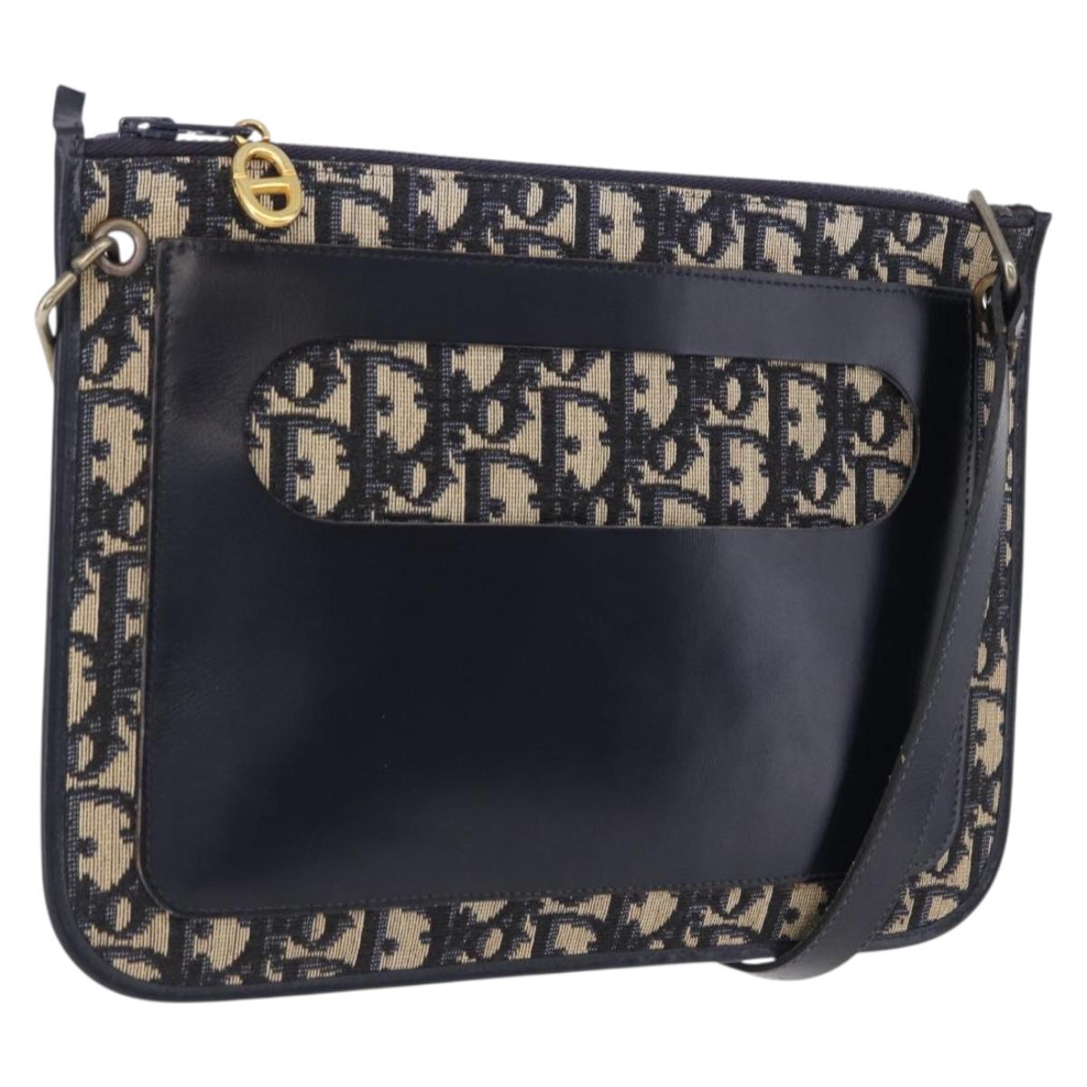 Christian Dior Trotter Canvas Shoulder Bag Navy Gold Tone Auth