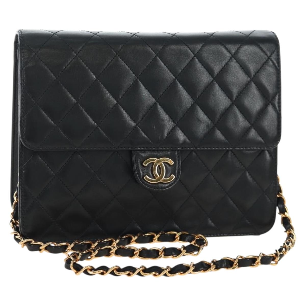 CHANEL Chain Matelasse Shoulder Bag Lamb Skin Black Gold CC Auth