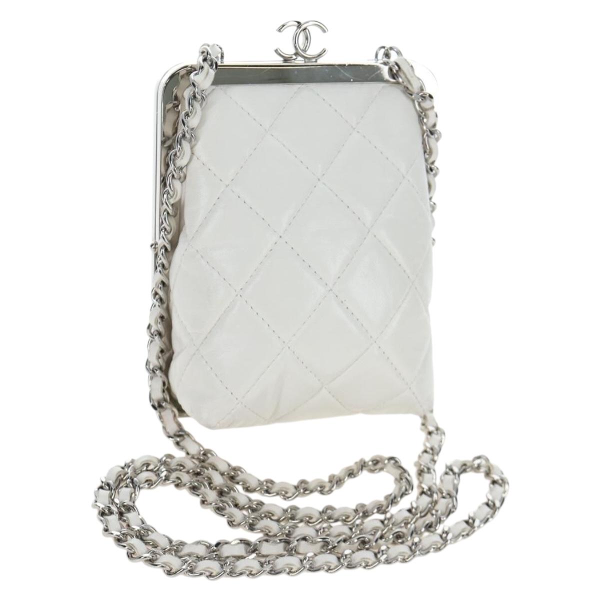 CHANEL Matelasse Chain Shoulder Bag Lamb Skin White Silver CC Auth