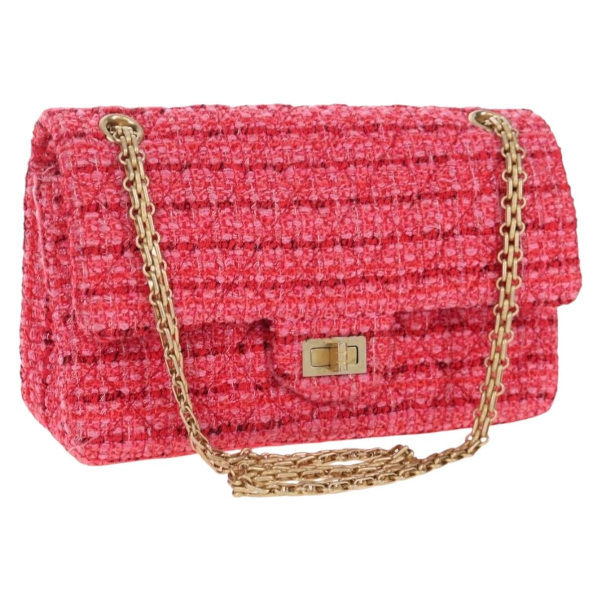 CHANEL Chain Matelasse 2.55 Shoulder Bag Tweed Pink Gold CC Auth