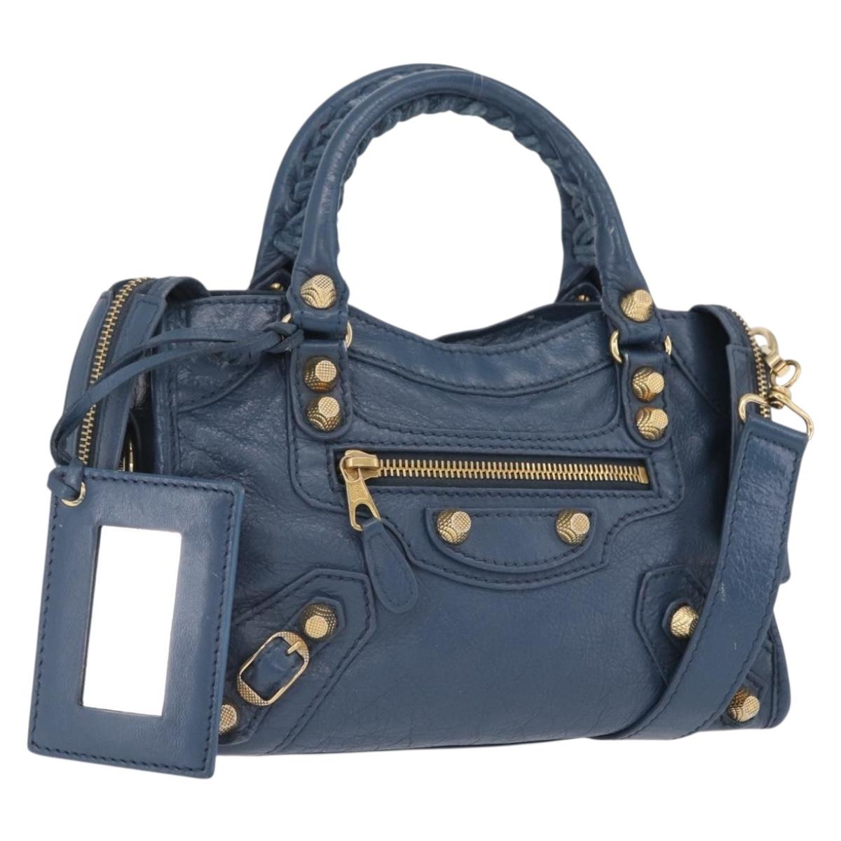 BALENCIAGA Giant Mini cCty Hand Bag Leather 2way Blue Gold 309544