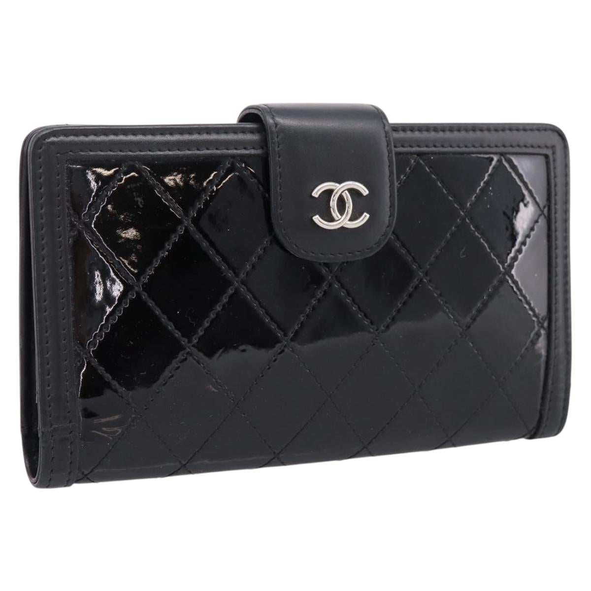 CHANEL Matelasse Long Wallet Patent Leather Black Silver CC Auth
