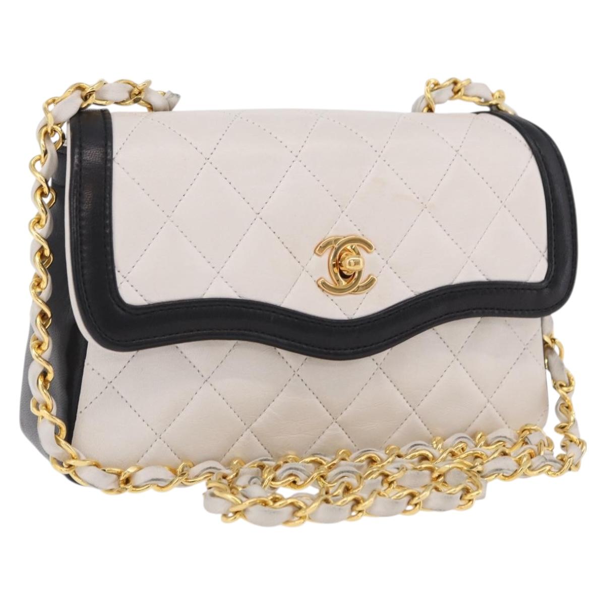 CHANEL Matelasse Chain Shoulder Bag Lamb Skin Gold White CC Auth