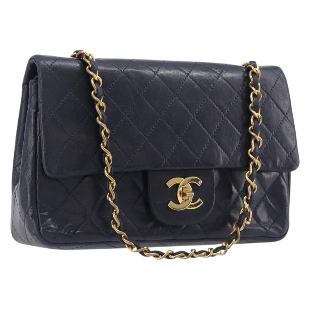 CHANEL Matelasse Chain Shoulder Bag Lamb Skin Navy Gold Tone CC