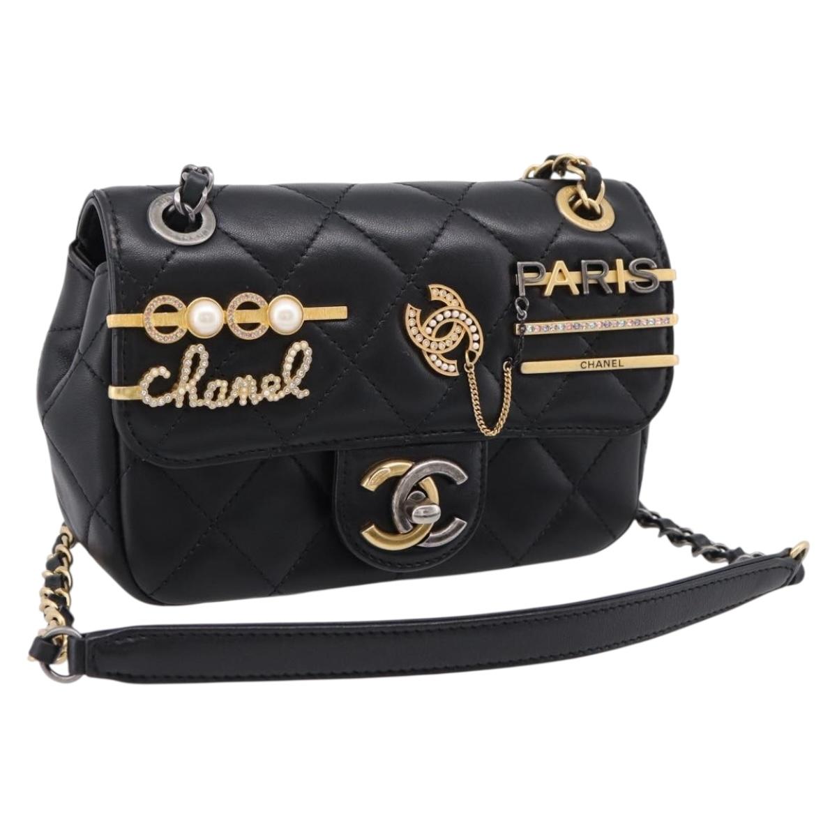 CHANEL Mini Matelasse Shoulder Bag Lamb Skin Black Gold Silver CC