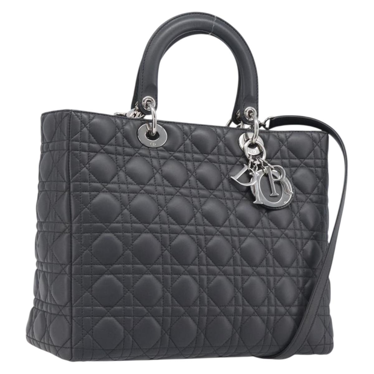 Christian Dior Lamb Skin Canage Lady Dior Hand Bag 2way Gray Auth