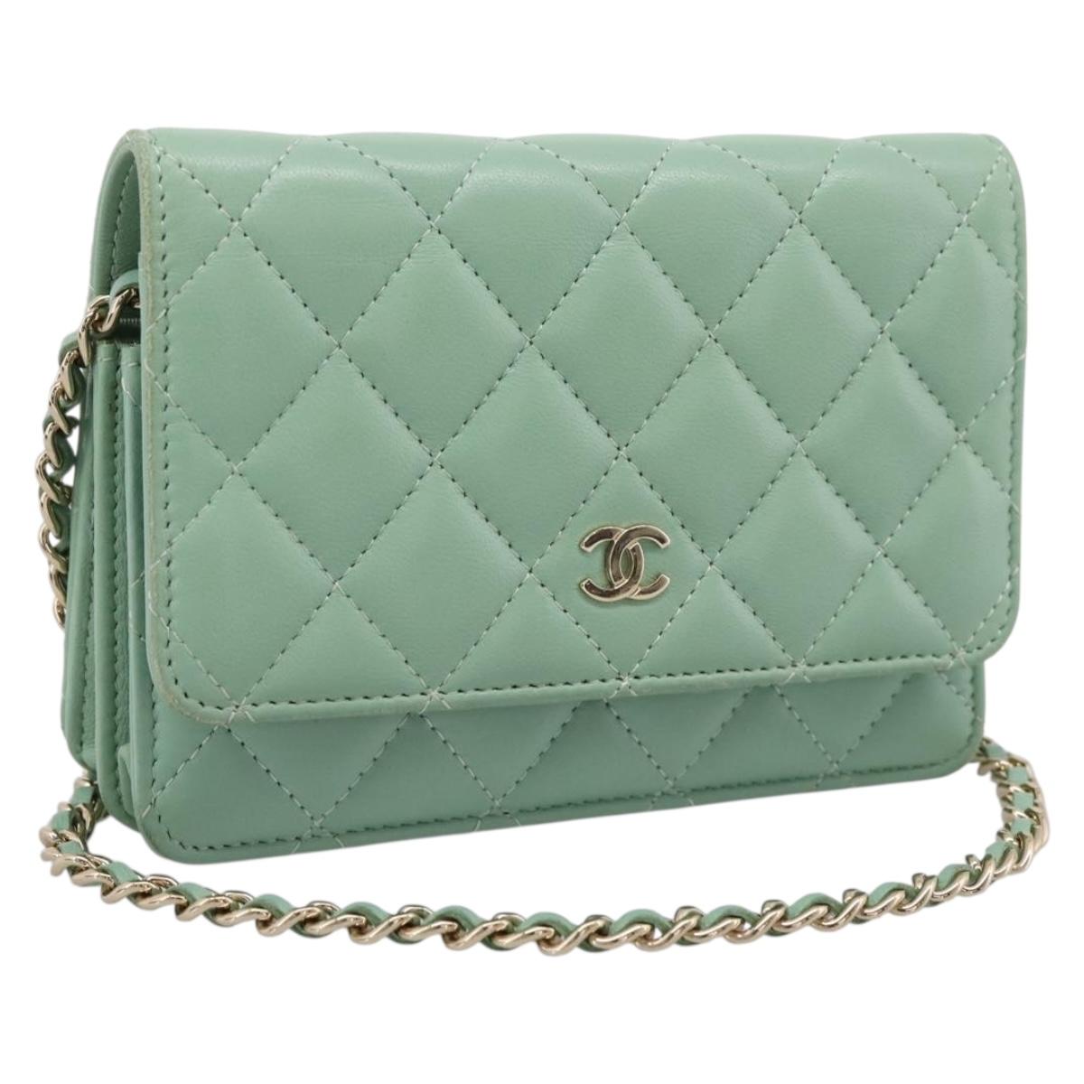CHANEL Matelasse Chain Shoulder Wallet Lamb Skin Green Gold CC