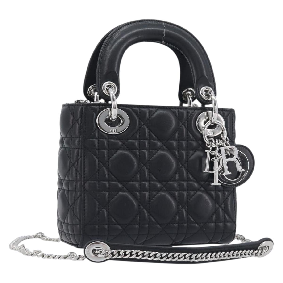 Christian Dior Lady Dior Hand Bag Lamb Skin 2way Black Silver Auth