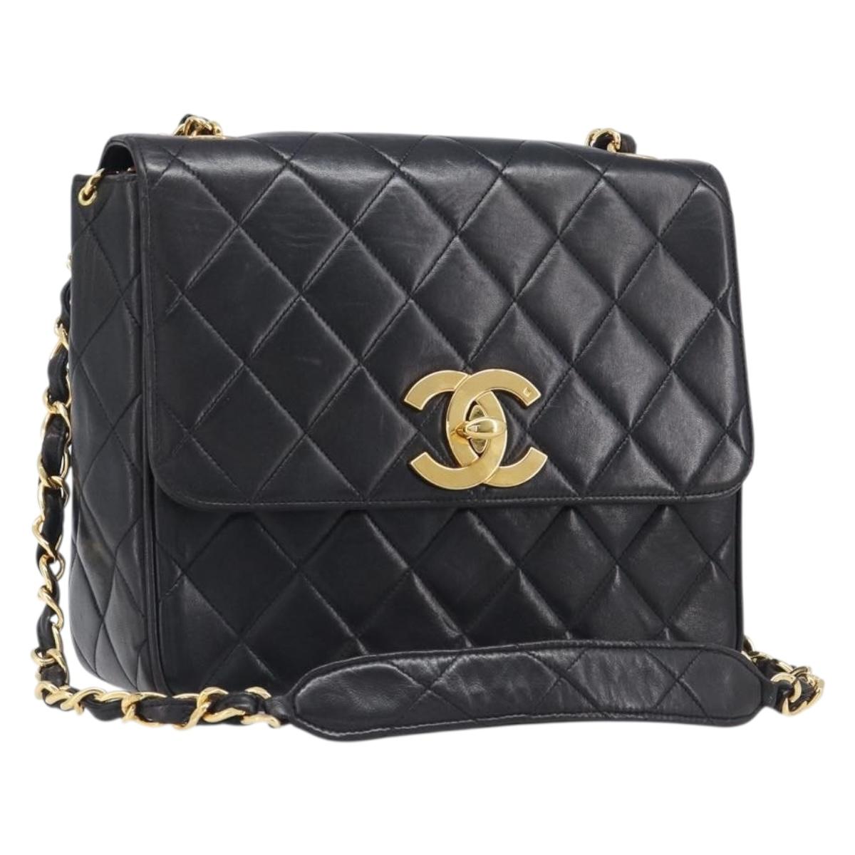CHANEL Matelasse Chain Shoulder Bag Lamb Skin Black Gold Tone CC