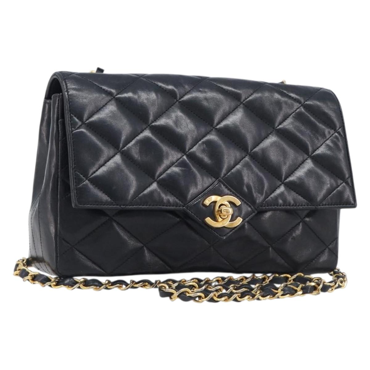 CHANEL Matelasse Chain Shoulder Bag Lamb Skin Black Gold Tone CC