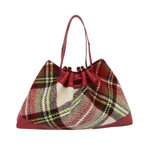 BURBERRY Nova Check Tote Bag Wool Red Silver Auth BD2042