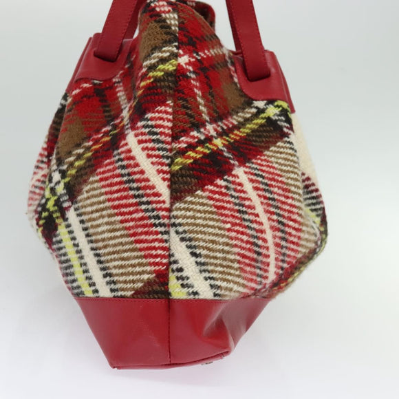 BURBERRY Nova Check Tote Bag Wool Red Silver Auth BD2042
