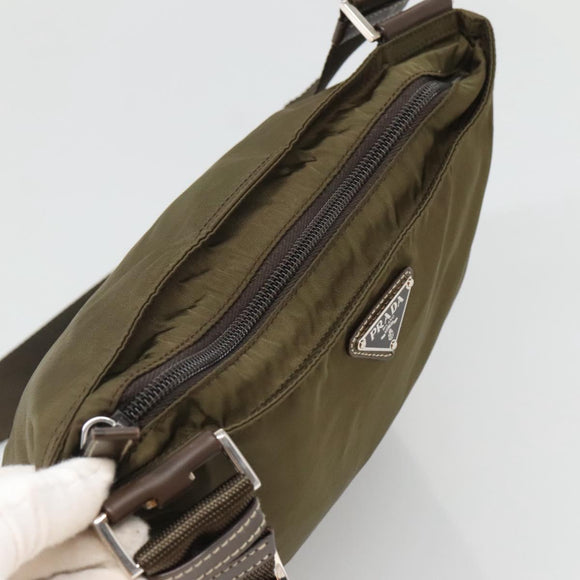 PRADA Shoulder Bag Nylon Khaki Silver Auth bs26652