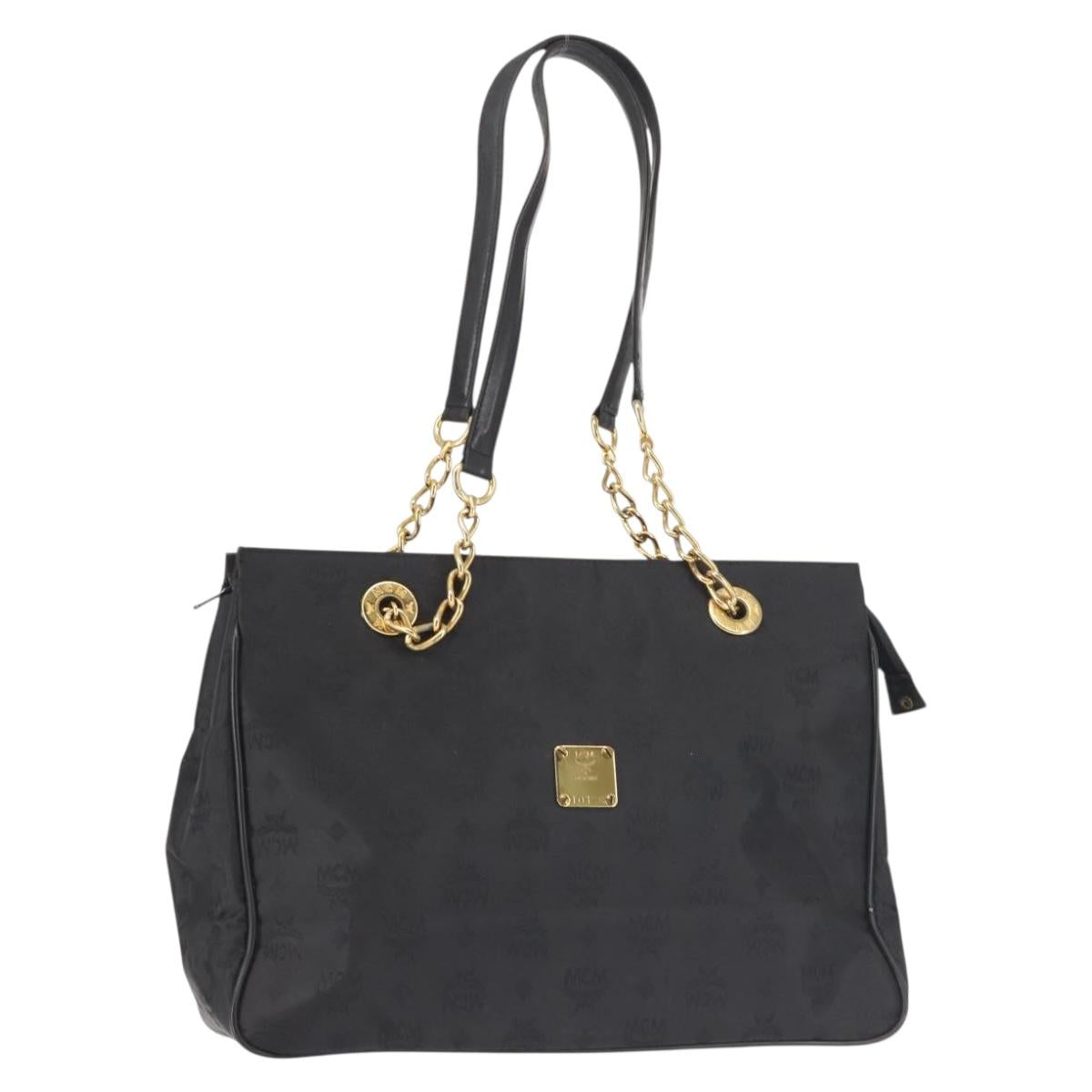 MCM Logogram Vicetos Chain Tote Bag PVC Black Gold Auth 