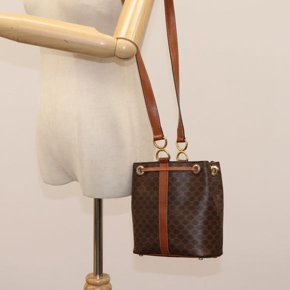 CELINE Macadam Canvas Shoulder Bag PVC Leather Brown Gold Auth EC156