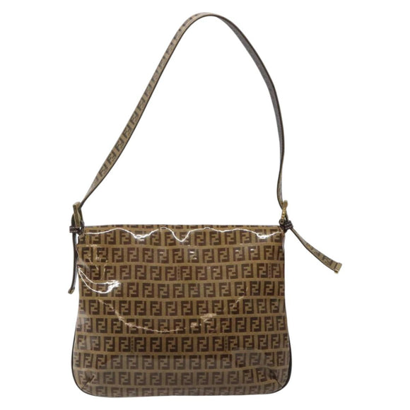 FENDI Zucchino Canvas Mamma Baguette Shoulder Bag PVC Brown Gold Auth EC724