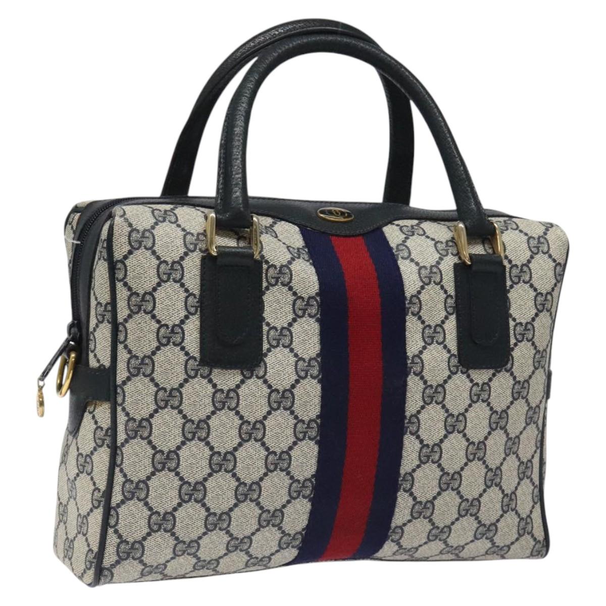 GUCCI GG Supreme Sherry Line Hand Bag PVC Leather Navy Red 67 02