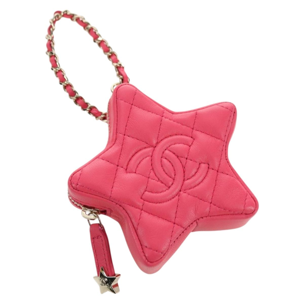 CHANEL Matelasse Star Bag Charm Lamb Skin Pink Gold CC Auth