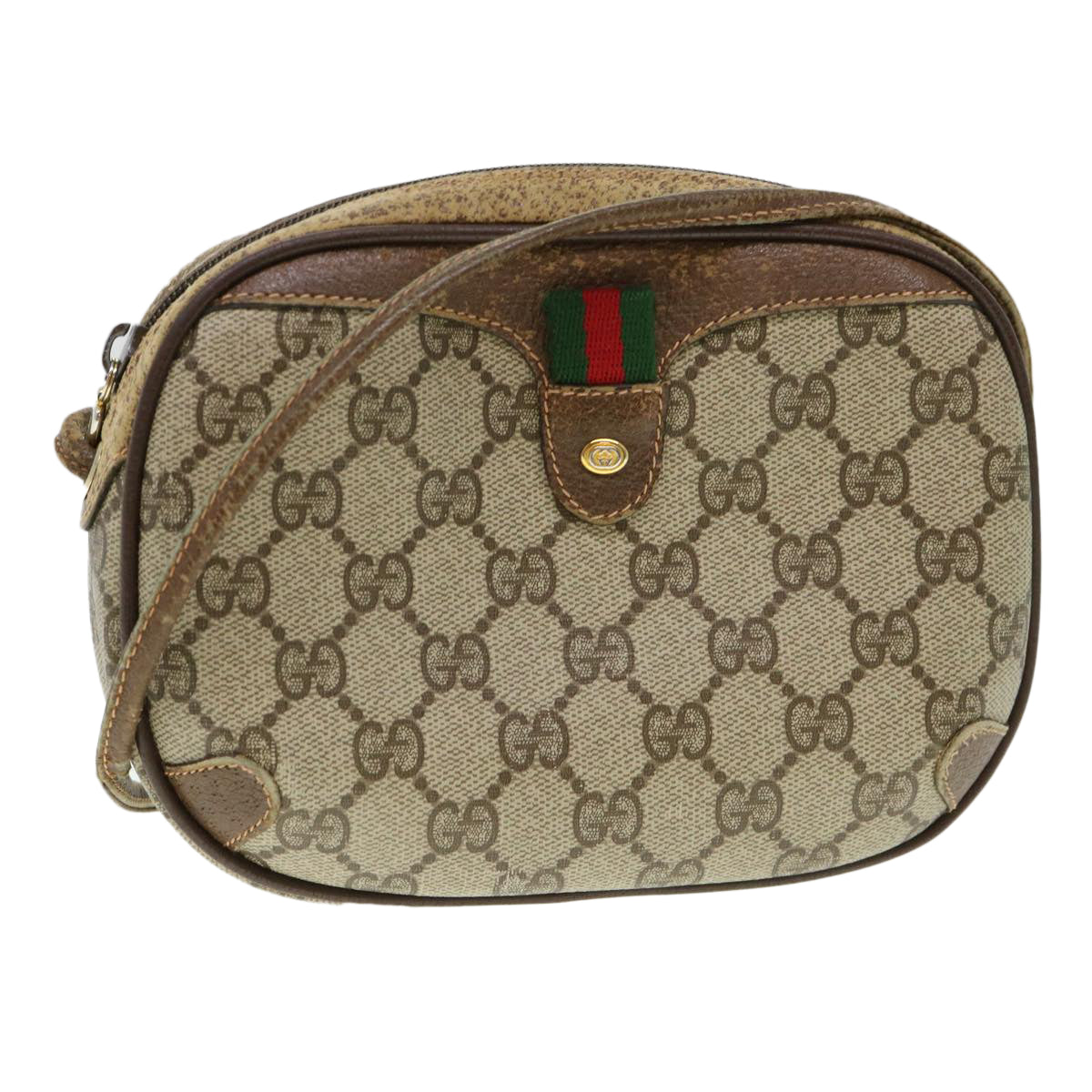 GUCCI Web Sherry Line GG Canvas Shoulder Bag PVC Leather Beige 