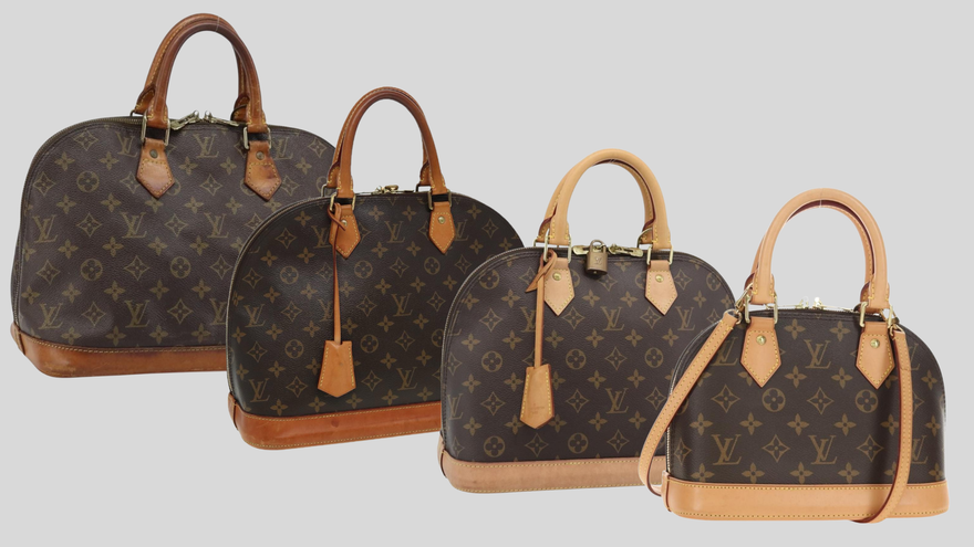 Four Louis Vuitton Alma bags in Monogram canvas from different eras.
