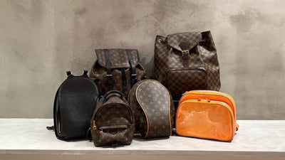 Louis Vuitton backpacks in Monogram canvas, Damier, Epi leather, and orange Vernis.