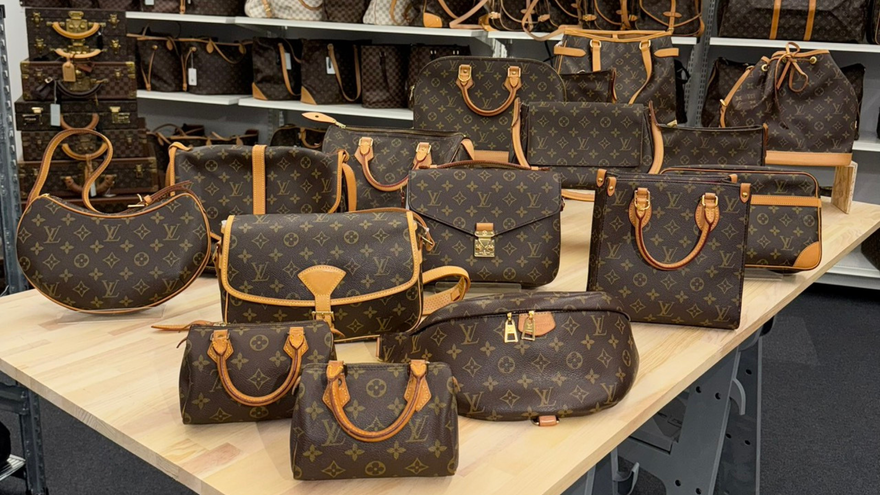 A collection of pre-owned Louis Vuitton Monogram Canvas bags displayed together at Brand Street Tokyo, including Speedy handbags and a Pochette Accessoires