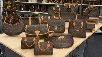 A collection of pre-owned Louis Vuitton Monogram Canvas bags displayed together at Brand Street Tokyo, including Speedy handbags and a Pochette Accessoires