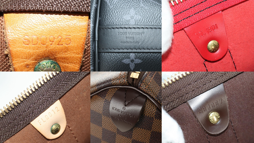 Six close-up examples of Louis Vuitton date codes and "Made in" heat stamps on different bags, including SD0925, VI 1901, FL0012, and MB3067, with "Made in Italy" and "Made in France" stamps