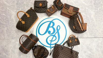 Pre-loved Louis Vuitton bags arranged around the Brand Street Tokyo logo.