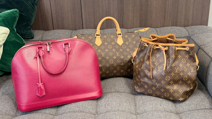 Authenticated vintage Louis Vuitton bags — Monogram Speedy, fuchsia Epi Leather Alma, and Monogram Noé — inspected in Tokyo