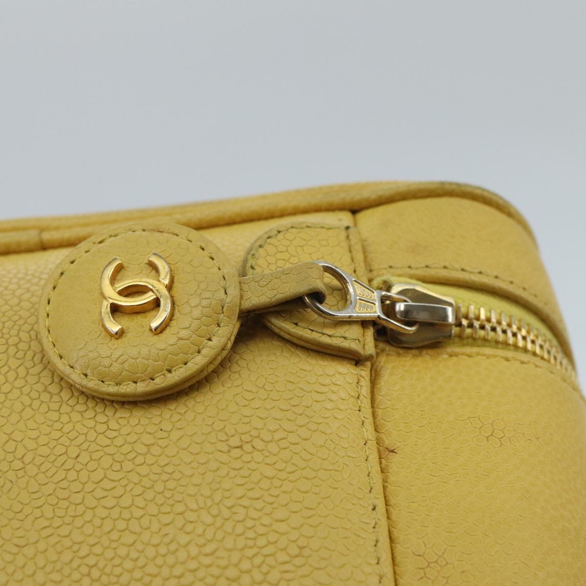 CHANEL Vanity COCO Mark Pouch Caviar Skin Yellow Gold CC Auth 100001