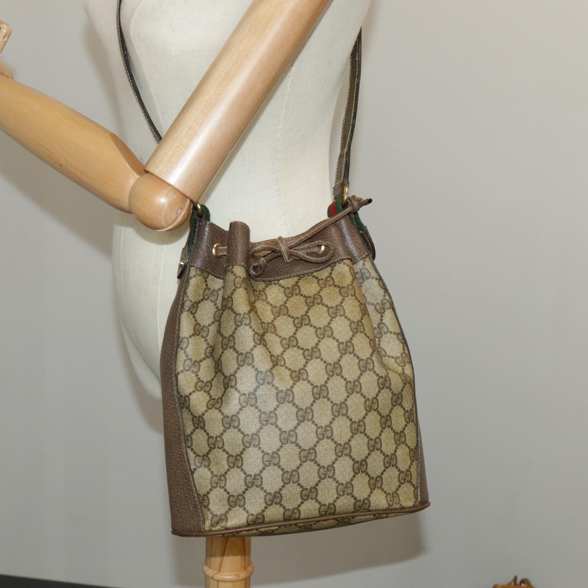 GUCCI GG Supreme Web Sherry Line Shoulder Bag PVC Beige 41 02 034 Auth 100025