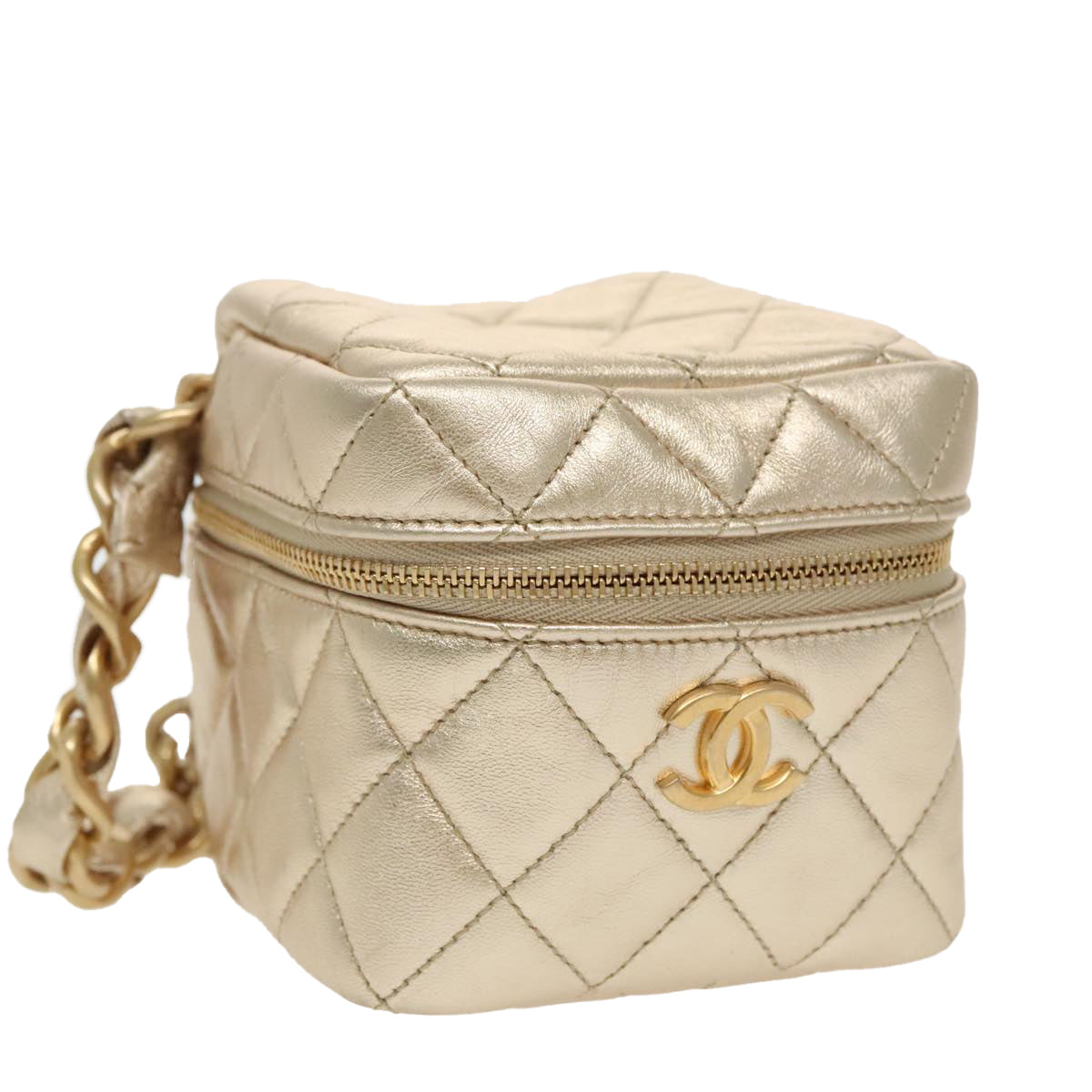 CHANEL Matelasse Chain Hand Bag Lamb Skin Gold CC Auth 100060A