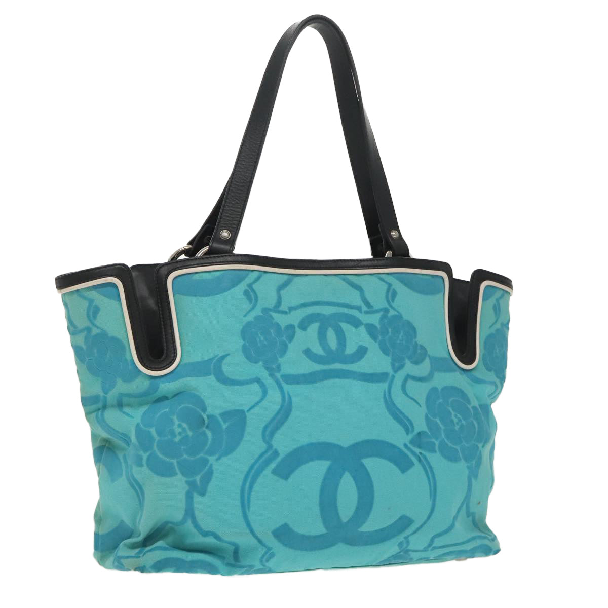 CHANEL Tote Bag Canvas Turquoise Blue CC Auth 100096