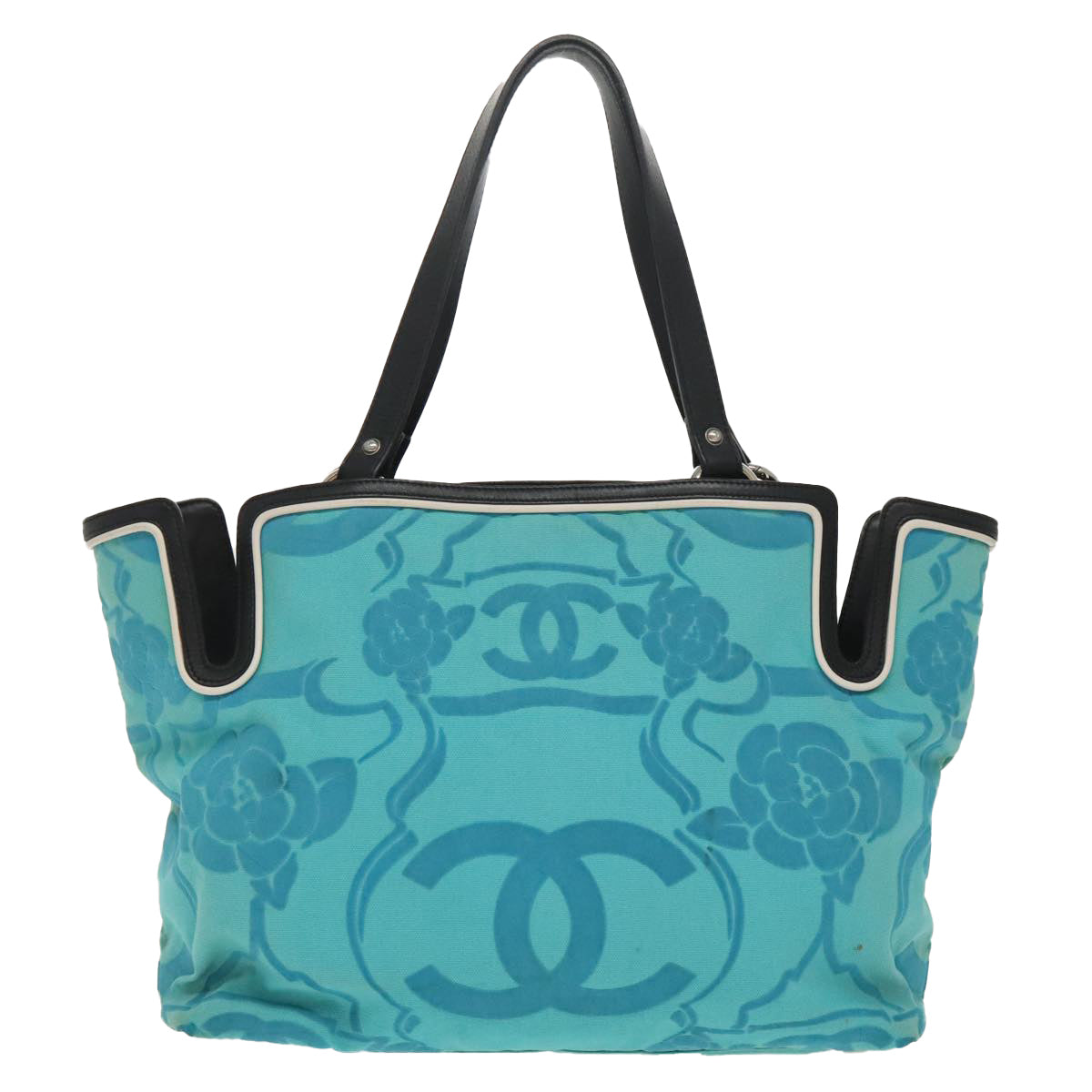 CHANEL Tote Bag Canvas Turquoise Blue CC Auth 100096