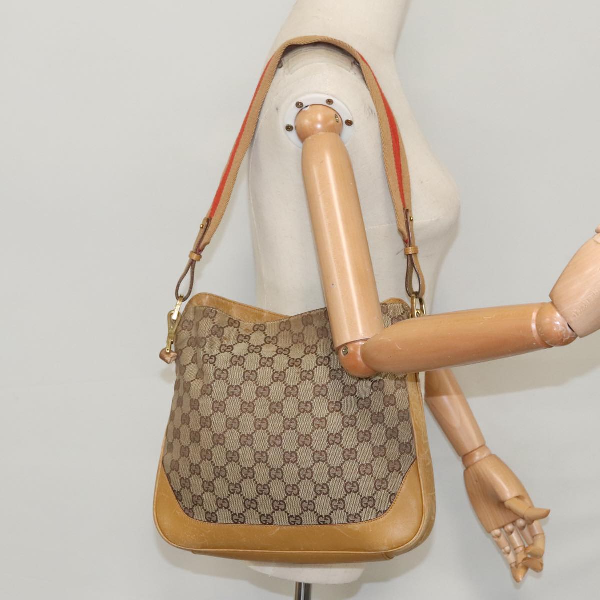 GUCCI GG Canvas Sherry Line Shoulder Bag Beige Gold Brown 001 4095 Auth 100097