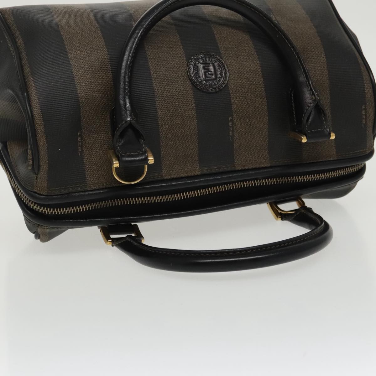 FENDI Pecan Canvas Hand Bag Brown Black gold Auth 100100