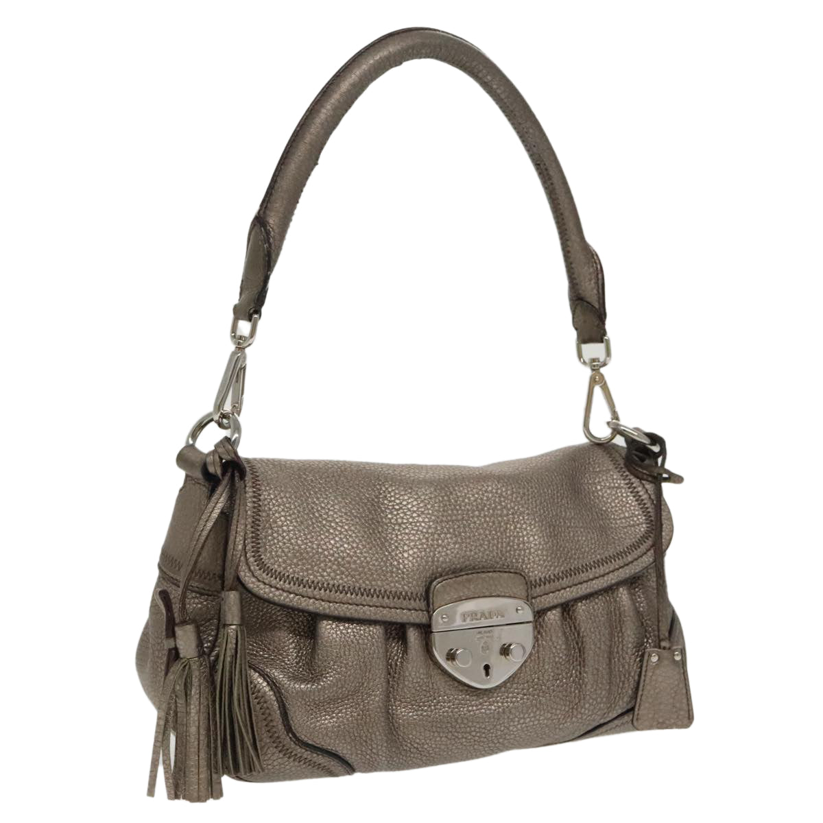 PRADA Shoulder Bag Leather Silver Auth 100152