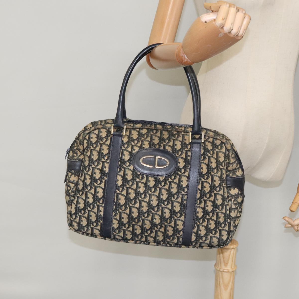 Christian Dior Trotter Canvas Hand Bag Navy Gold Auth 100164