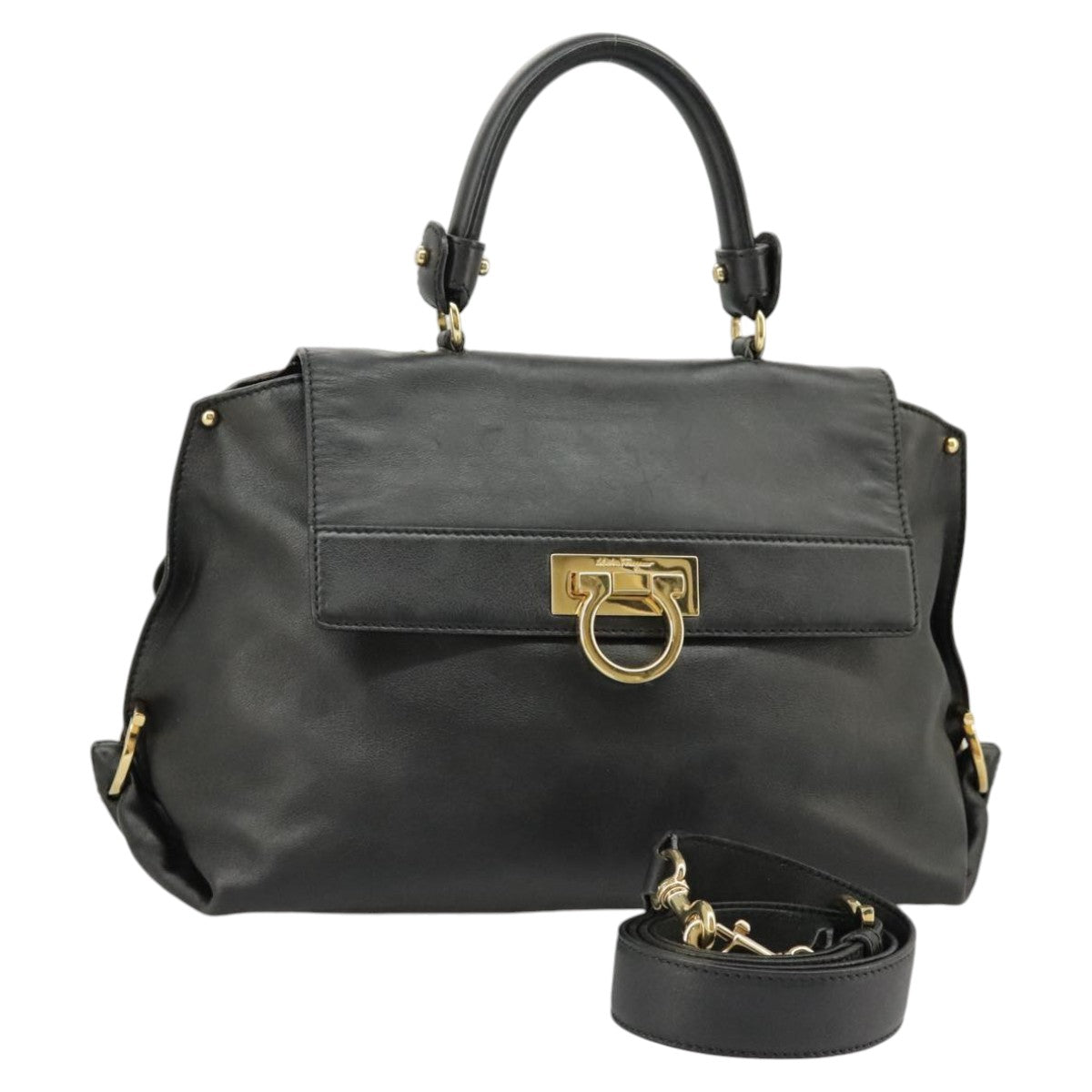 Salvatore Ferragamo Gancini Sofia Hand Bag Leather 2way Black Gold Auth 100172